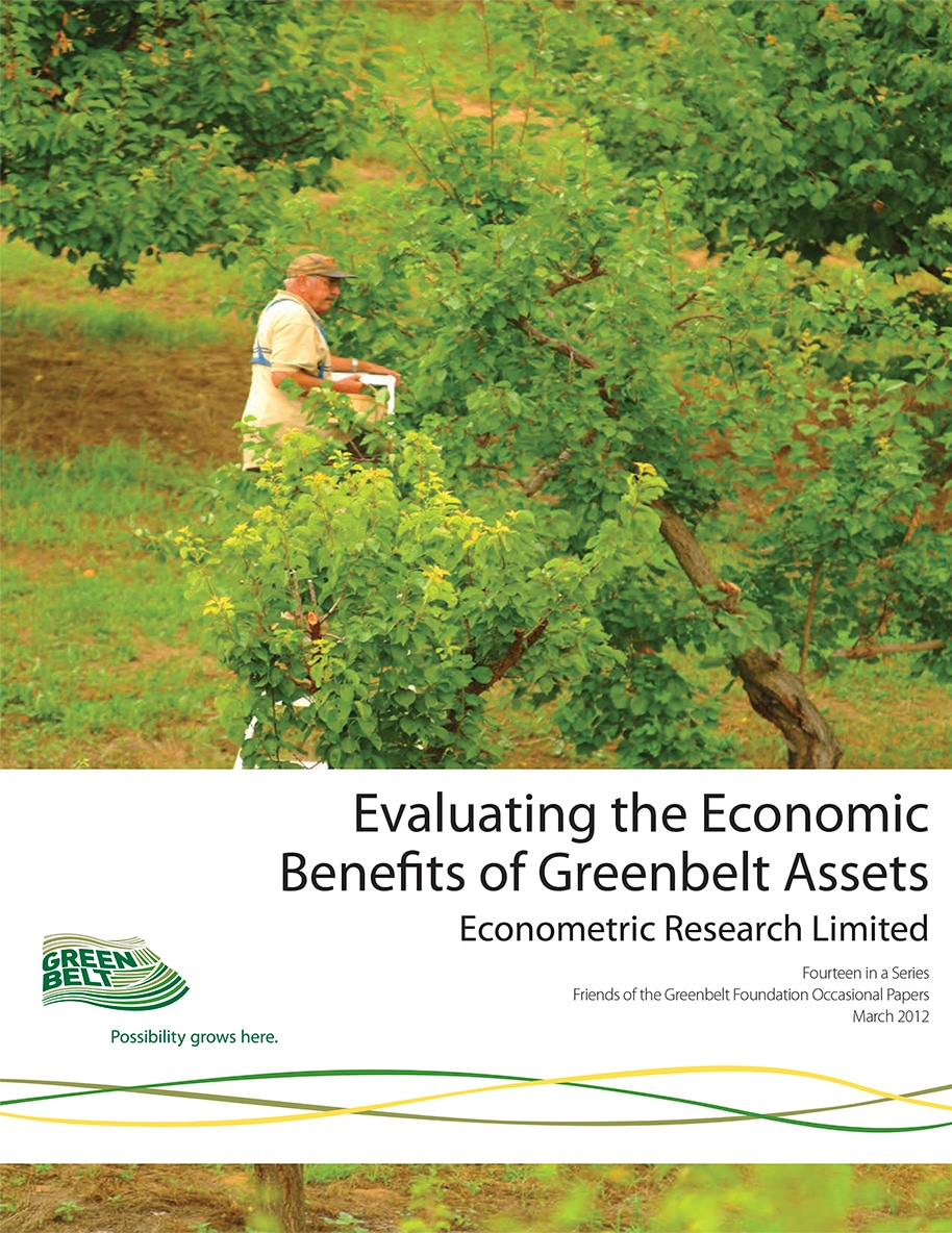 Cover of Evaluating the Economic Benefits of Greenbelt Assets Report featuring a person standing in a green orchard holding a clipboard.