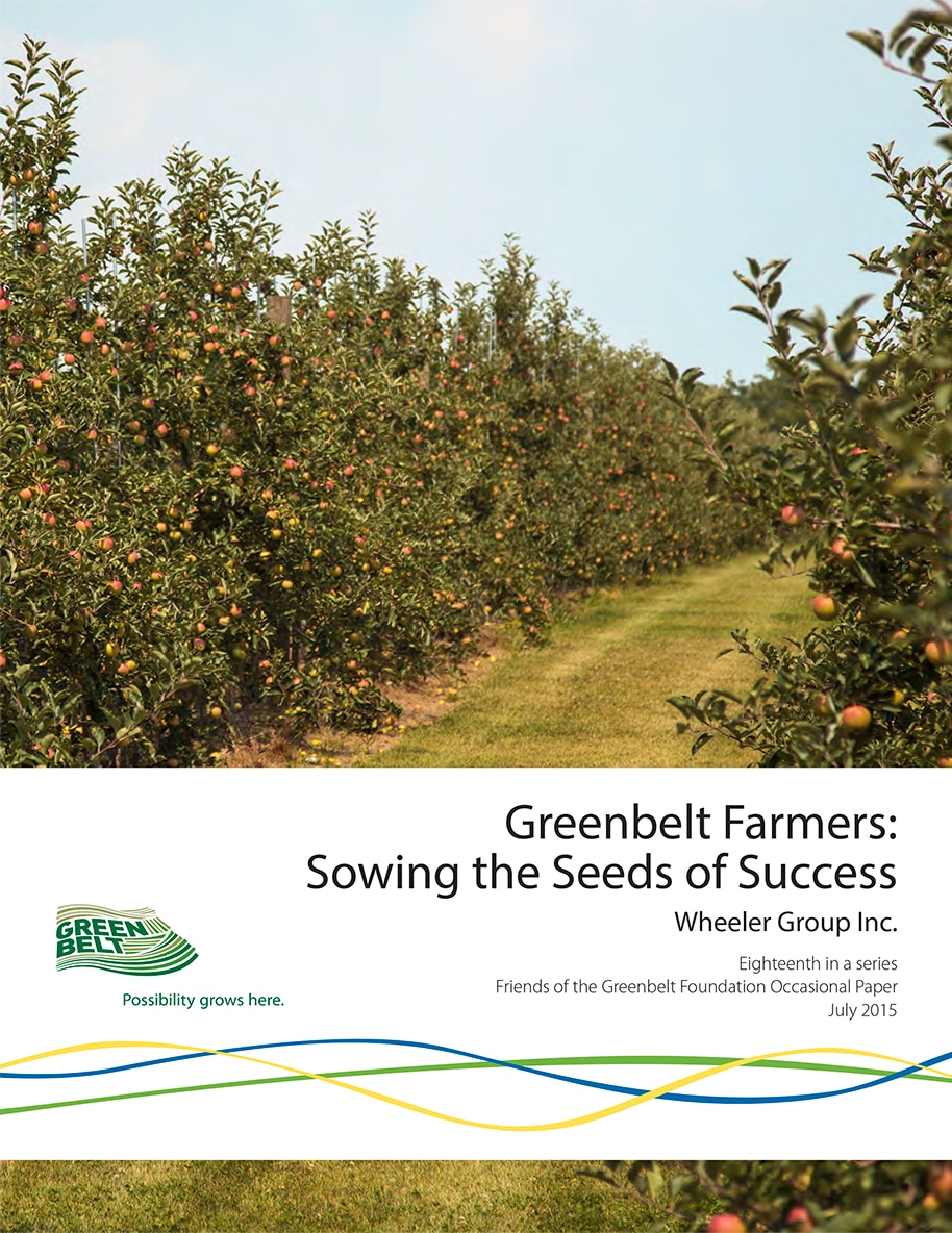 Report cover for Greenbelt Farmers: Sowing the Seeds of Success featuring rows of apple trees in an orchard.