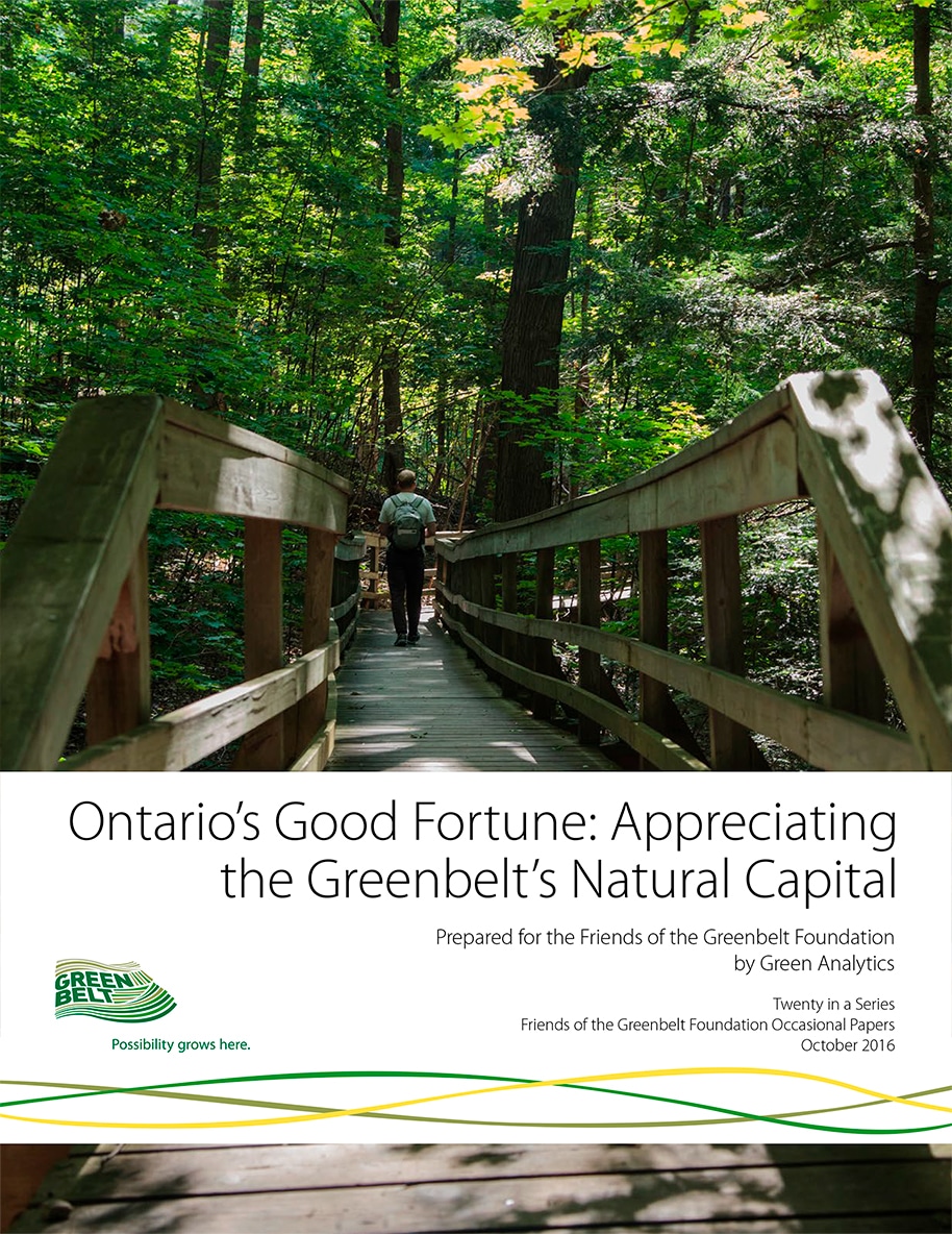 Cover of Ontario’s Good Fortune: Appreciating the Greenbelt’s Natural Capital featuring a person walking away on a wooden boardwalk through a green forest.