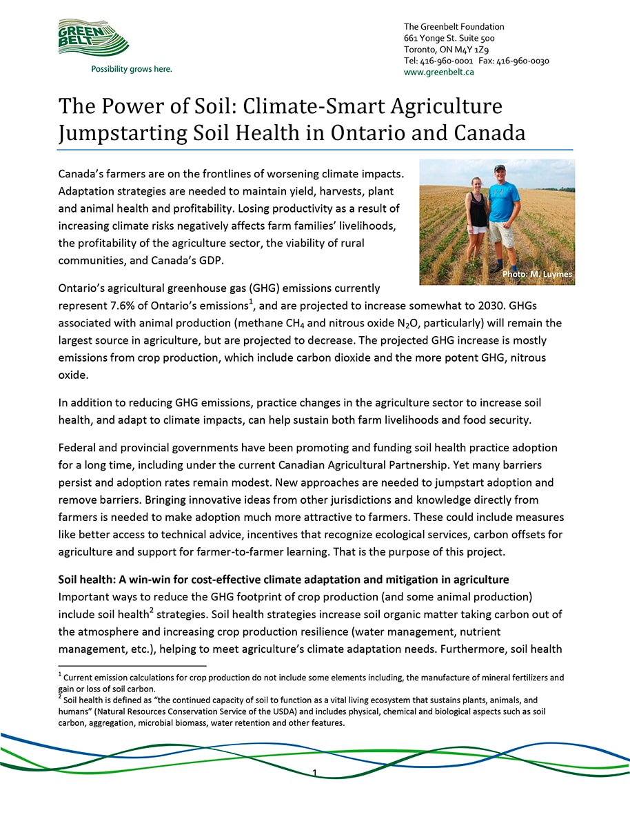 Two people standing in a farm field featured on the cover of The Power of Soil: Climate-Smart Agriculture Jumpstarting Soil Health in Ontario and Canada.
