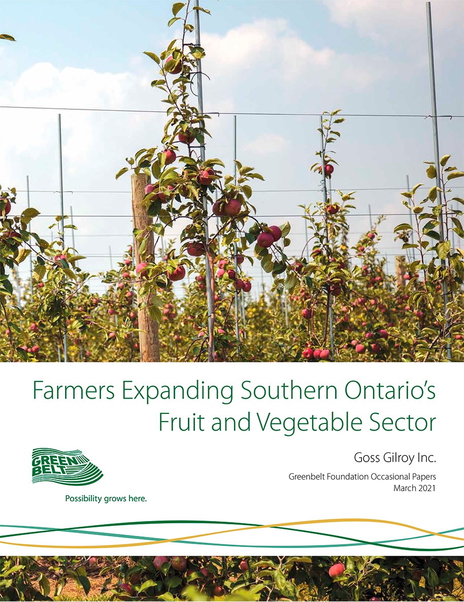 Cover of Farmers Expanding Southern Ontario's Fruit and Vegetable Sector report featuring rows of apple trees in an orchard under a partly cloudy sky.
