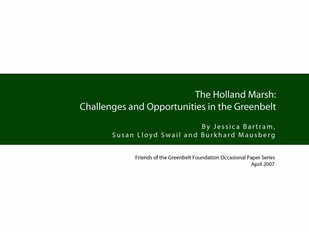 Cover of The Holland Marsh: Challenges and Opportunities in the Greenbelt featuring three landscape photos along the bottom showing a rural field, a group of dairy cows, and reddish cultivated soil.