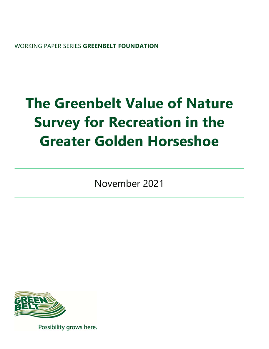 Report cover of The Greenbelt Value of Nature Survey for Recreation in the Greater Golden Horseshoe.