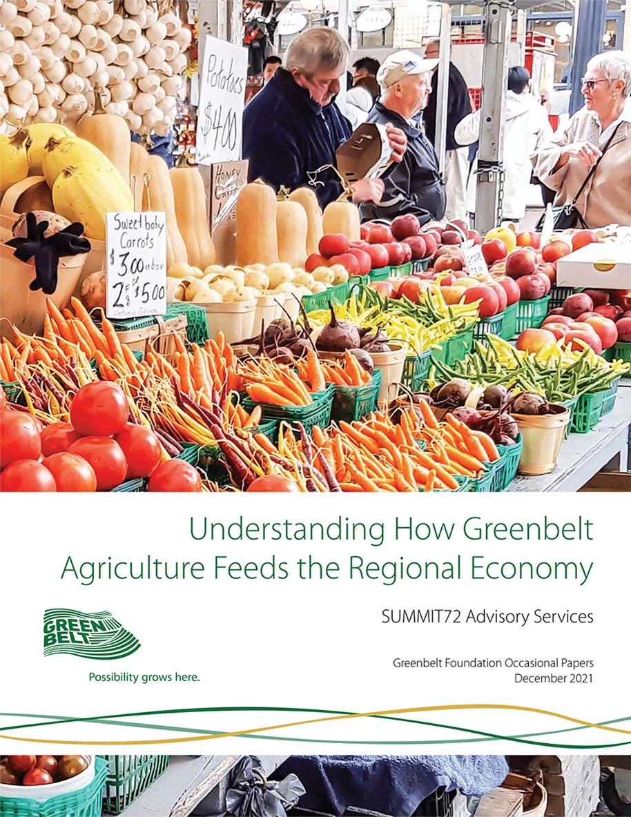 Report cover featuring Farmers’ market stall with a vibrant display of fresh produce. Sweet baby carrots, red and golden beets, yellow and green beans, tomatoes, squash, garlic, and potatoes are neatly arranged in baskets with handwritten price signs. In the background, three people converse near the stand, while other shoppers move through the market.
