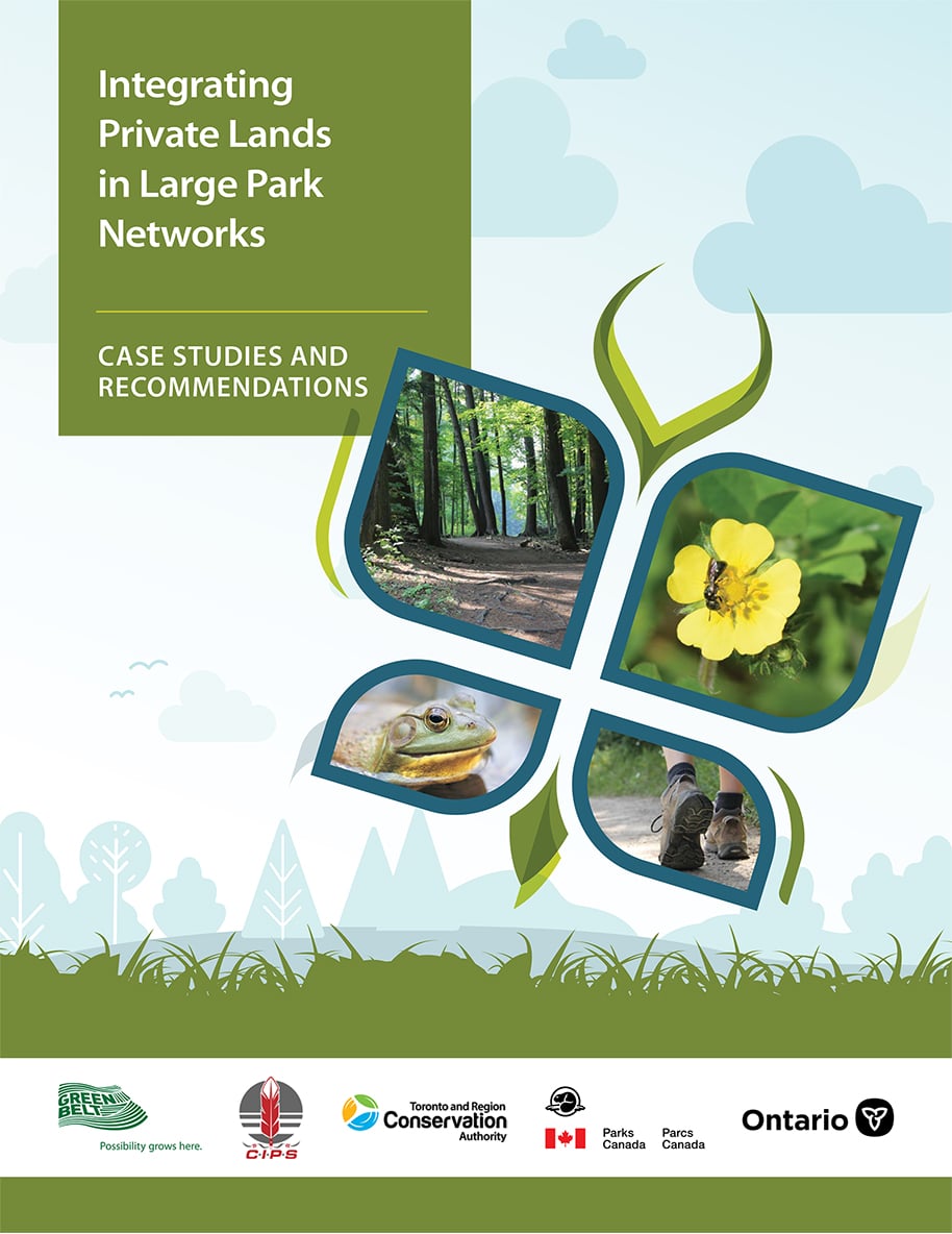 Cover of the report “Integrating Private Lands in Large Park Networks: Case Studies and Recommendations.” The design features a green and blue layout with a large leaf motif that frames four photos: a forest trail, a yellow wildflower, a frog, and a wetland boardwalk.