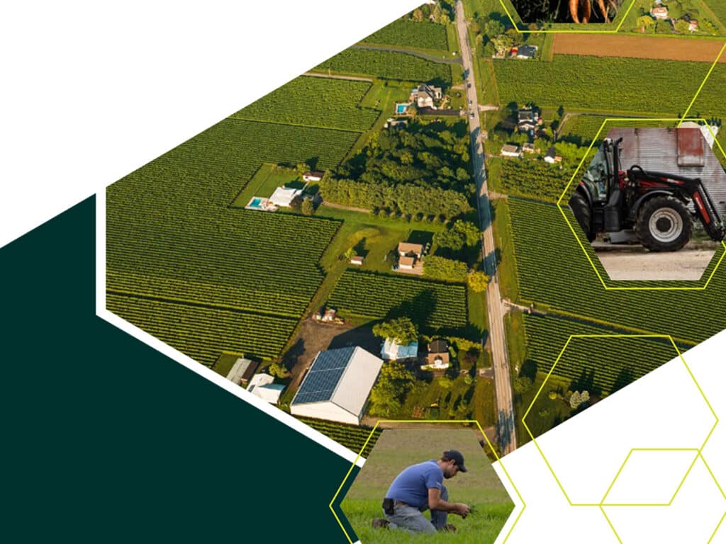 Aerial view of a patchwork of Greenbelt farm fields with farm buildings and equipment visible, overlaid with small hexagonal graphic elements.