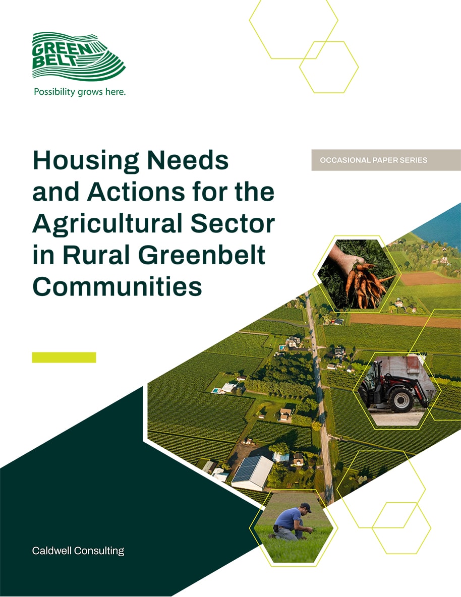 Report cover featuring an Aerial view of a patchwork of Greenbelt farm fields with farm buildings and equipment visible, overlaid with small hexagonal graphic elements.