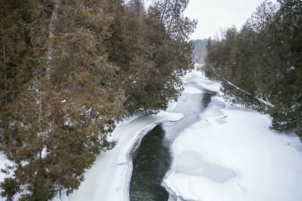 A partially frozen river flowing between snow-covered banks in a forested area.