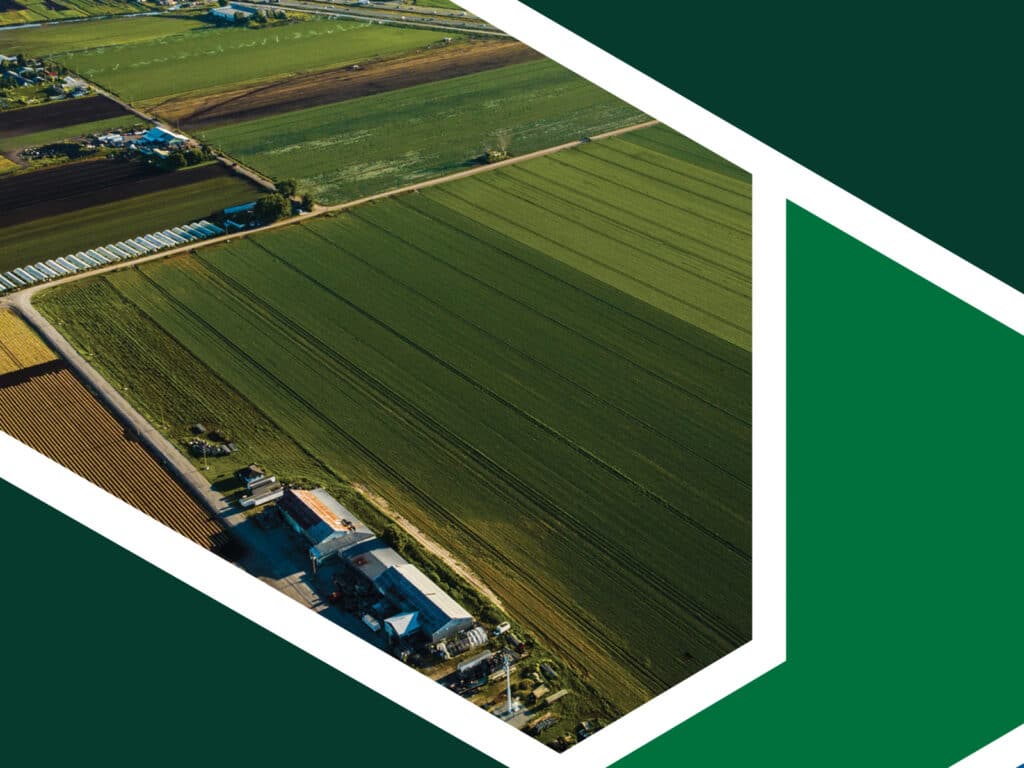 Aerial photograph of farmland in the Ontario Greenbelt showing large rectangular fields and rural roads, framed within a bold geometric design of green, brown, and blue shapes.