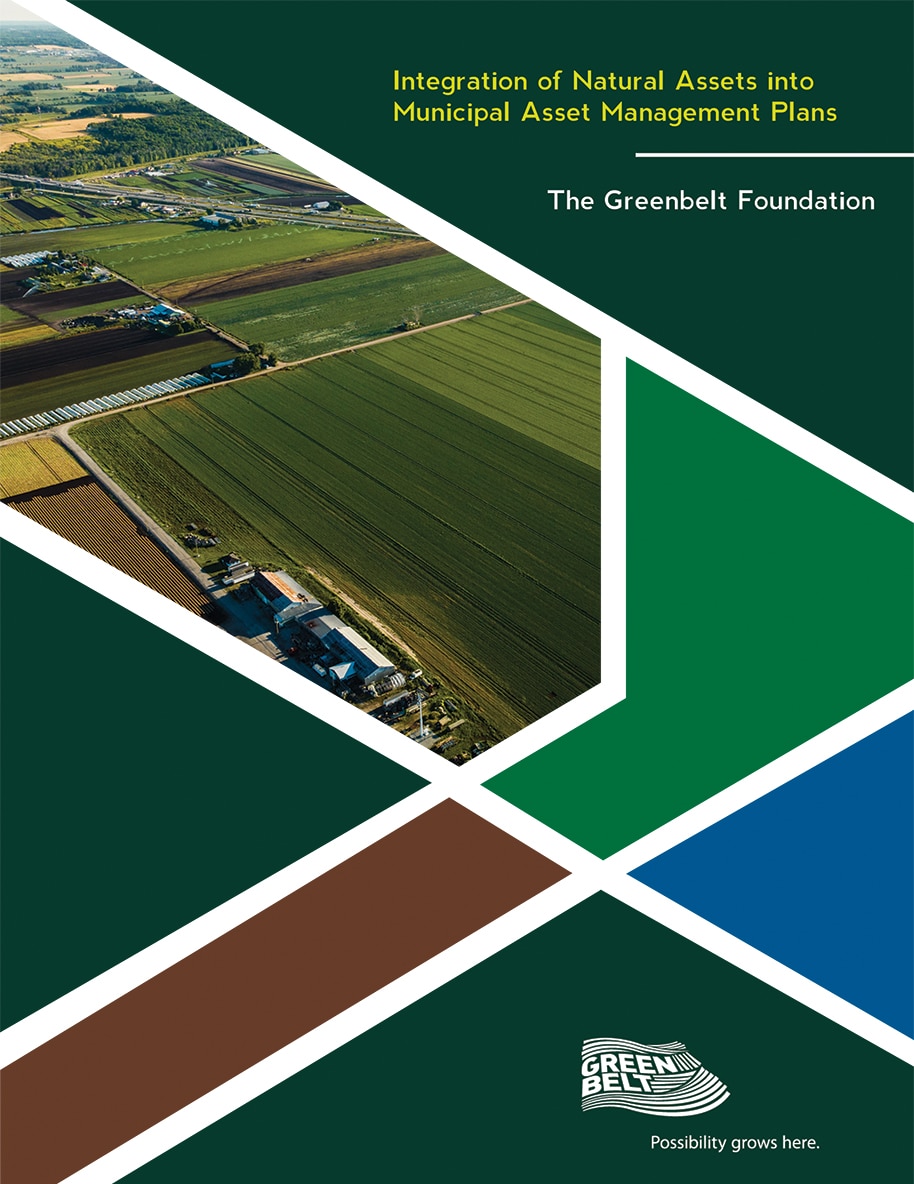 Report cover featuring Aerial photograph of farmland in the Ontario Greenbelt showing large rectangular fields and rural roads, framed within a bold geometric design of green, brown, and blue shapes.