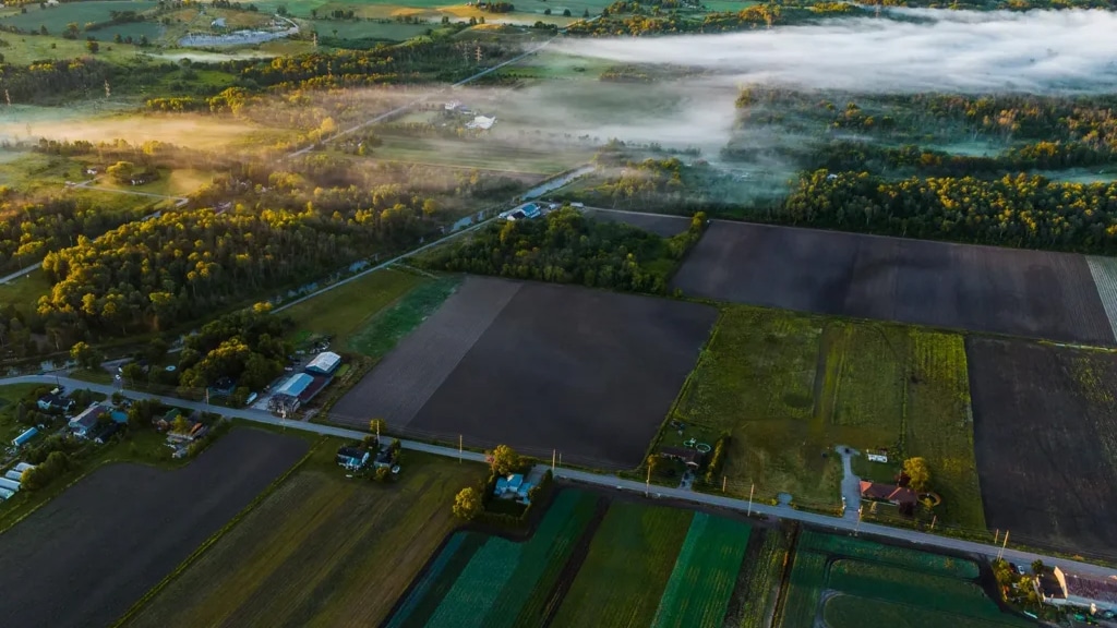 Overhead view of Greenbelt farms and fields.