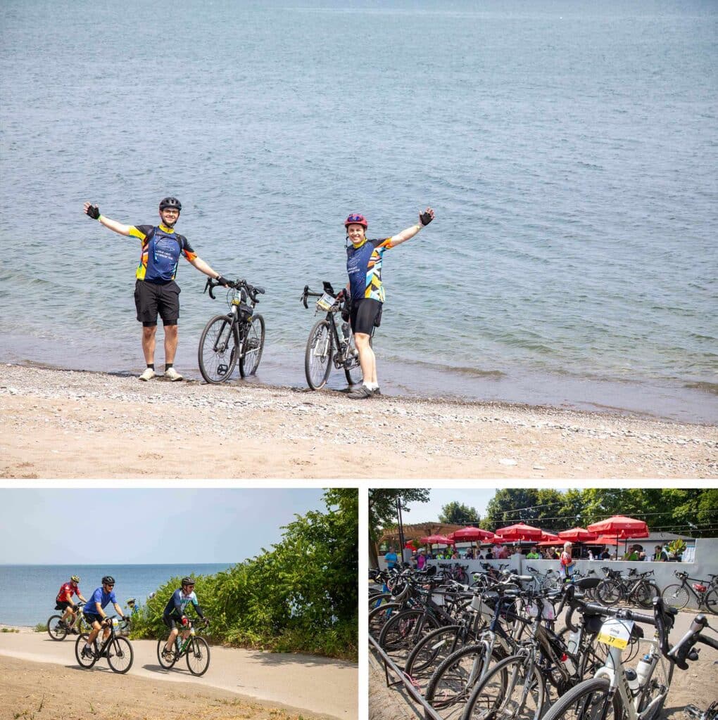 Photo 1: Two cyclists stand on a beach beside their bikes, smiling with their arms raised, with calm blue water behind them. Photo 2: A group of three cyclists rides along a paved trail beside Lake Ontario. Photo 3: Rows of parked bicycles outside an outdoor patio area with red umbrellas.
