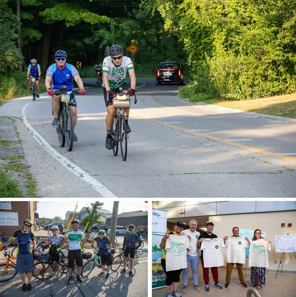 Photo 1: Cyclists ride on a shaded rural road. Photo 2: A group of five cyclists pose together with their bikes on a sunny street corner. Photo 3: Five people indoors hold up event T-shirts while standing in front of a Greenbelt Foundation display.