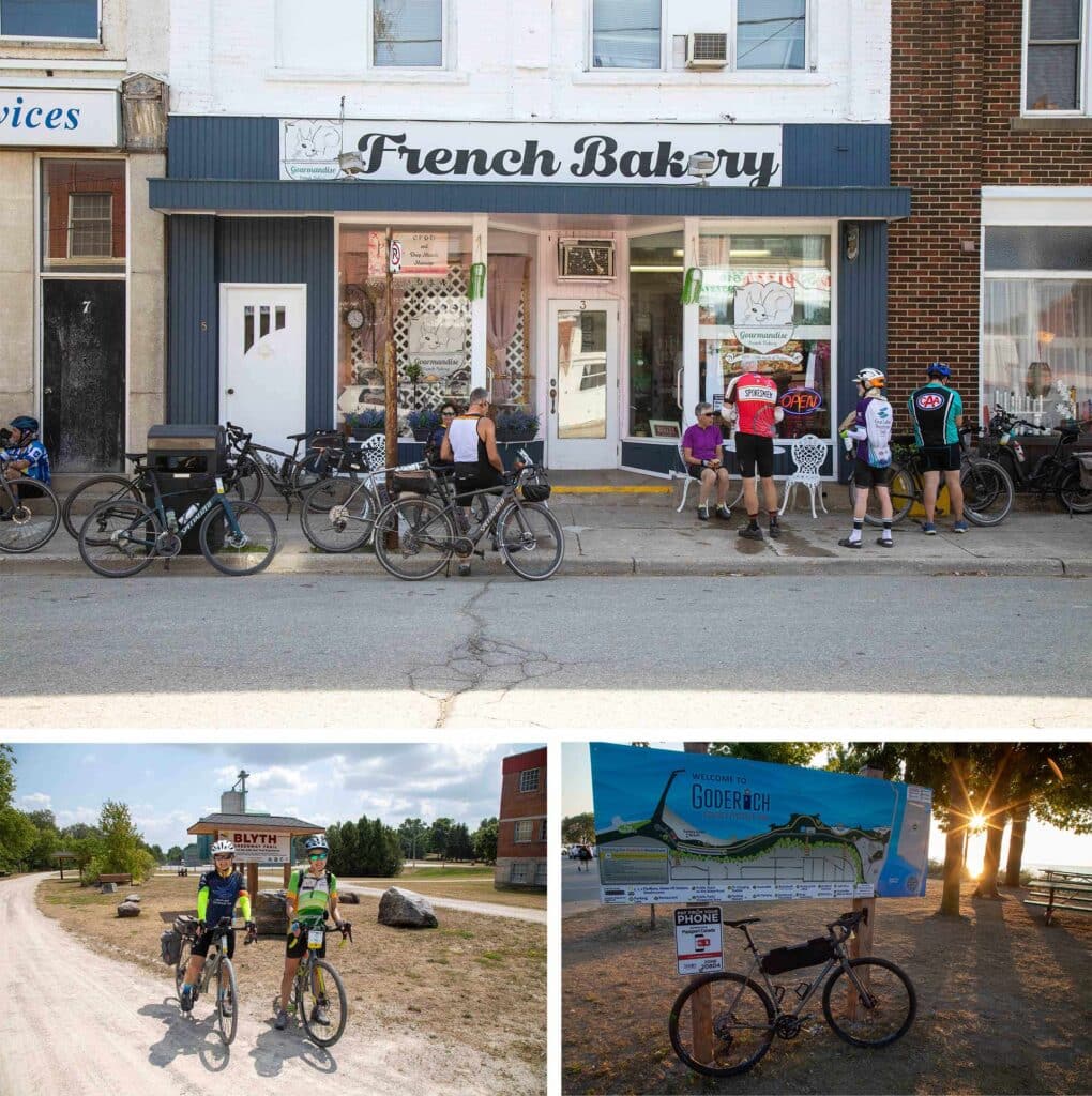 Photo 1: Cyclists gather outside French bakery, with bikes parked along the sidewalk. Photo 2: Two cyclists pose with their bikes on a gravel path near a sign in Blyth. Photo 3: A bicycle rests against a large “Welcome to Goderich” map sign.