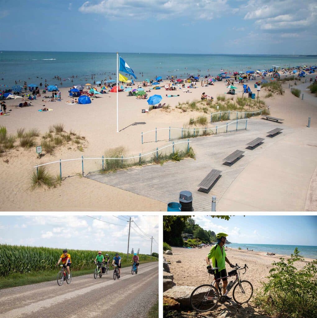 Photo 1: A sandy beach with umbrellas, swimmers, and a Blue Flag flying in the center. Photo 2: Four cyclists ride on a rural road beside cornfields. Photo 3: A cyclist in bright green stands beside their bike on a beach lookout.