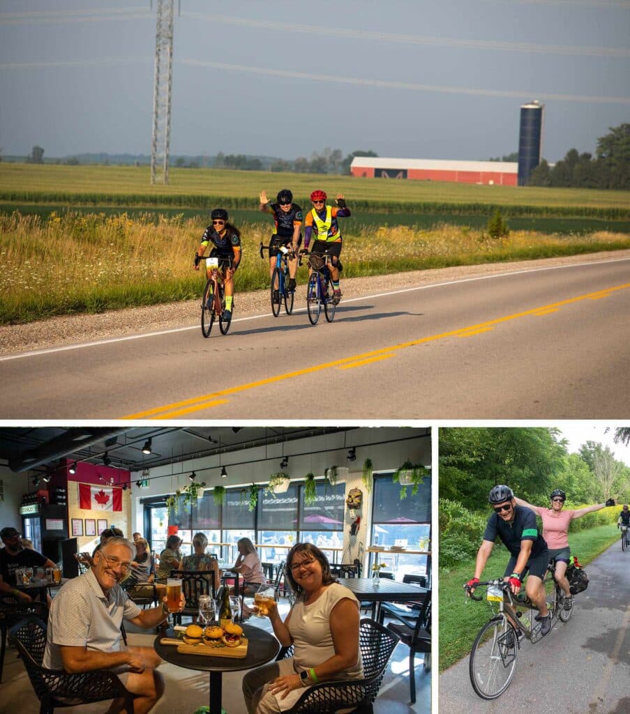 Photo 1: Three cyclists ride along a country roadway with farm fields and a barn in the background. Photo 2: A man and woman sit inside a restaurant enjoying drinks and burgers, with other diners behind them. Photo 3: A tandem bike team rides on a trail; the person in the back spreads their arms playfully.