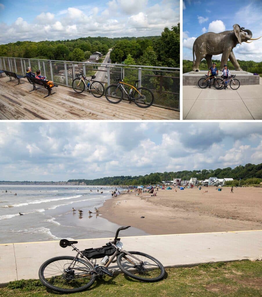 Photo 1: Two bicycles rest beside people sitting on benches overlooking a treed valley and town. Photo 2: Two cyclists pose in front of the Jumbo the Elephant statue in St. Thomas. Photo 3: A bicycle lies on the grass by a sandy beach busy with swimmers and birds.