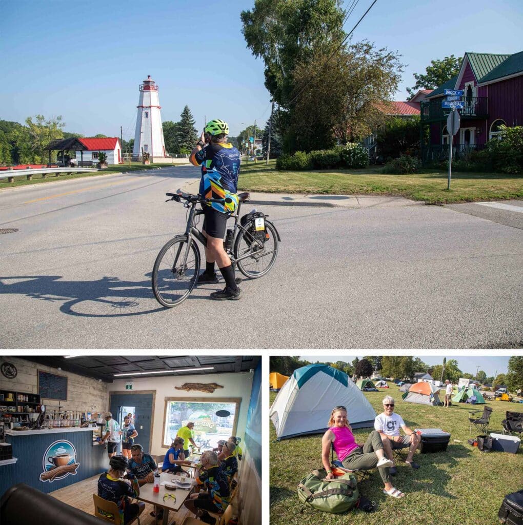Photo 1: A cyclist stands on the roadside taking a picture near a tall white lighthouse. Photo 2: A group of cyclists eat breakfast together inside a café. Photo 3: Two participants relax on the grass at a campsite with tents set up around them.