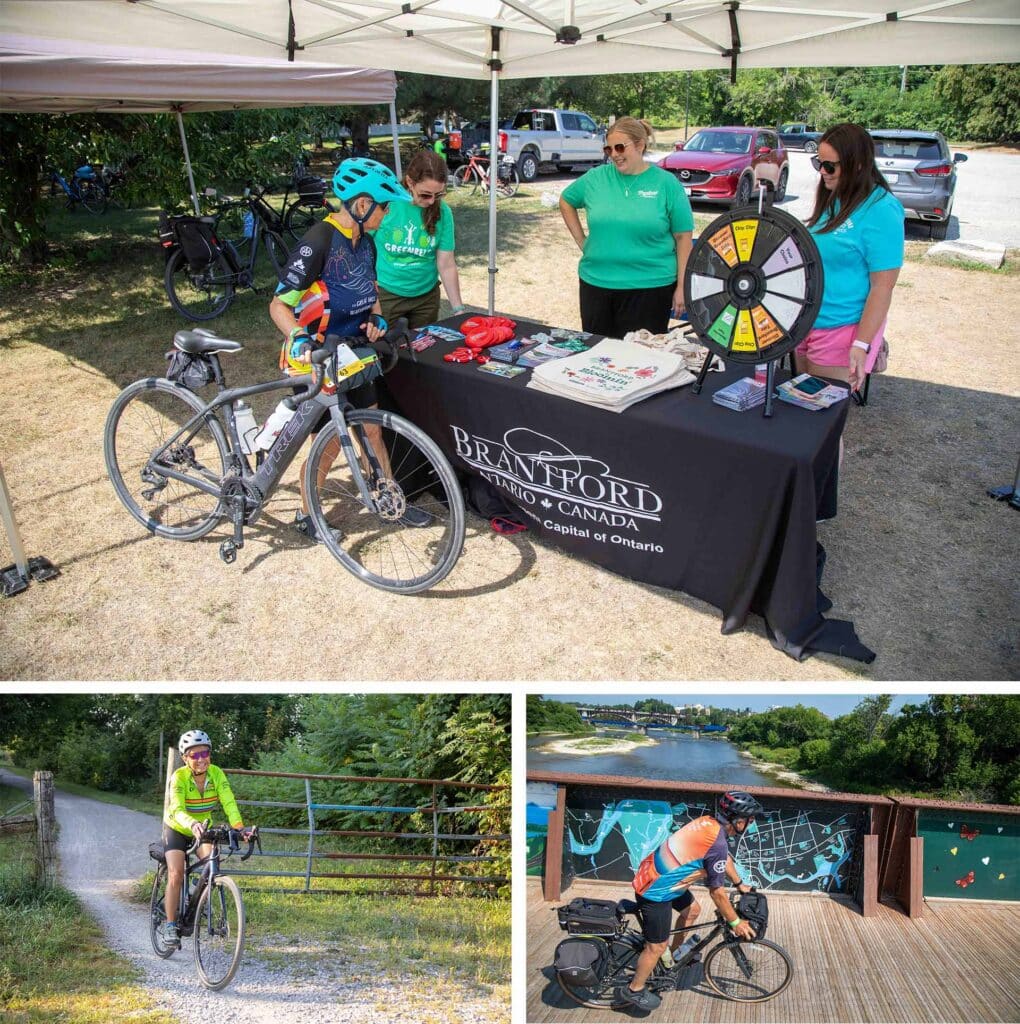 Photo 1: A cyclist stops at a tourism booth with a prize wheel and promotional items on the table. Photo 2: A cyclist rides a gravel trail through a rural landscape. Photo 3: A cyclist crosses a wooden bridge decorated with colourful murals.
