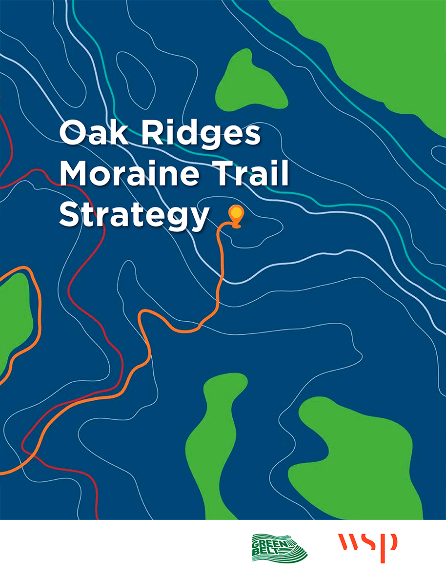 Cover of Oak Ridges Moraine Trail Strategy featuring a stylized map graphic with contour lines and an orange trail line.