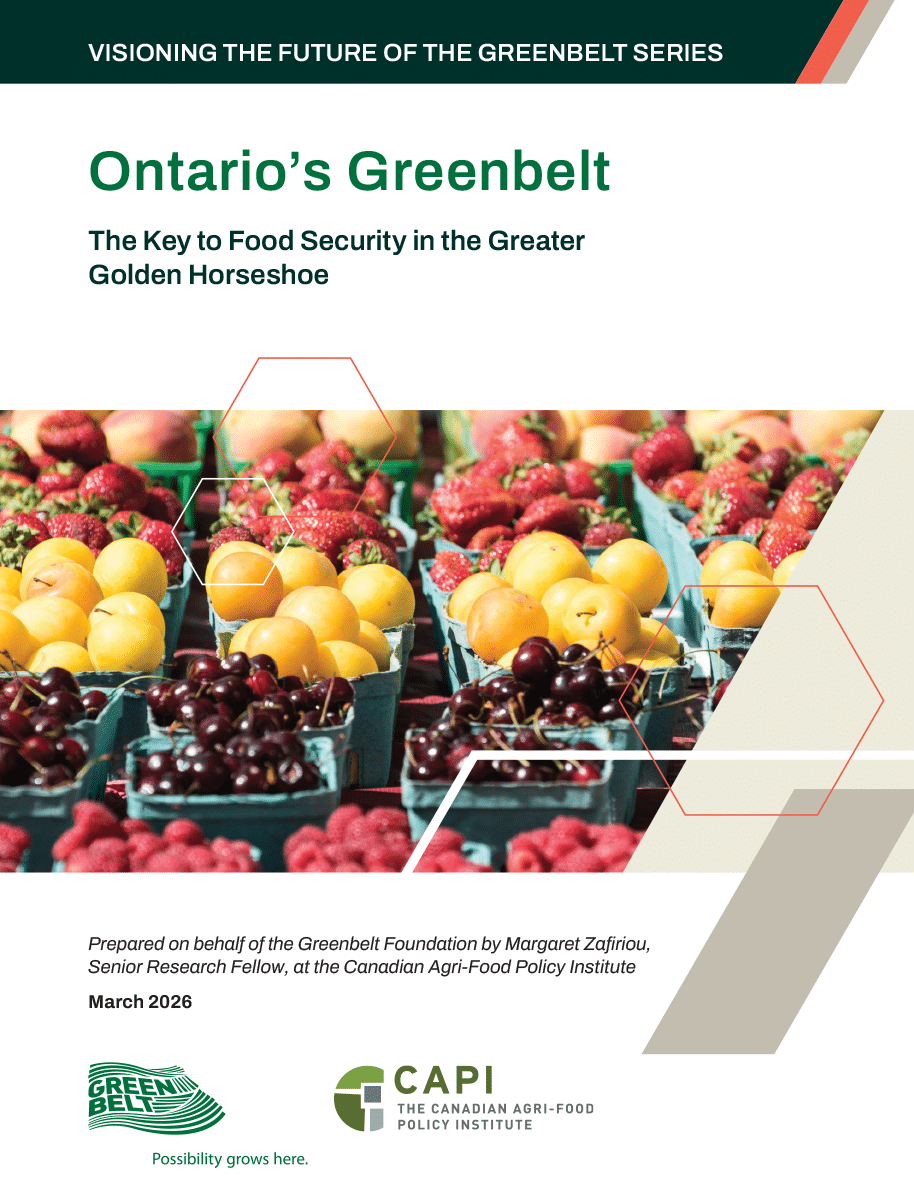 Cover Image of Ontario's Greenbelt: The Key to Food Security in the Greater Golden Horseshoe Report with an Image of Baskets of Fruit