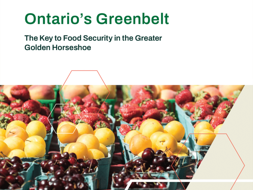 Baskets of Fruit with text reading "Ontario's Greenbelt: The Key to Food Security in the Greater Golden Horseshoe" from the report cover