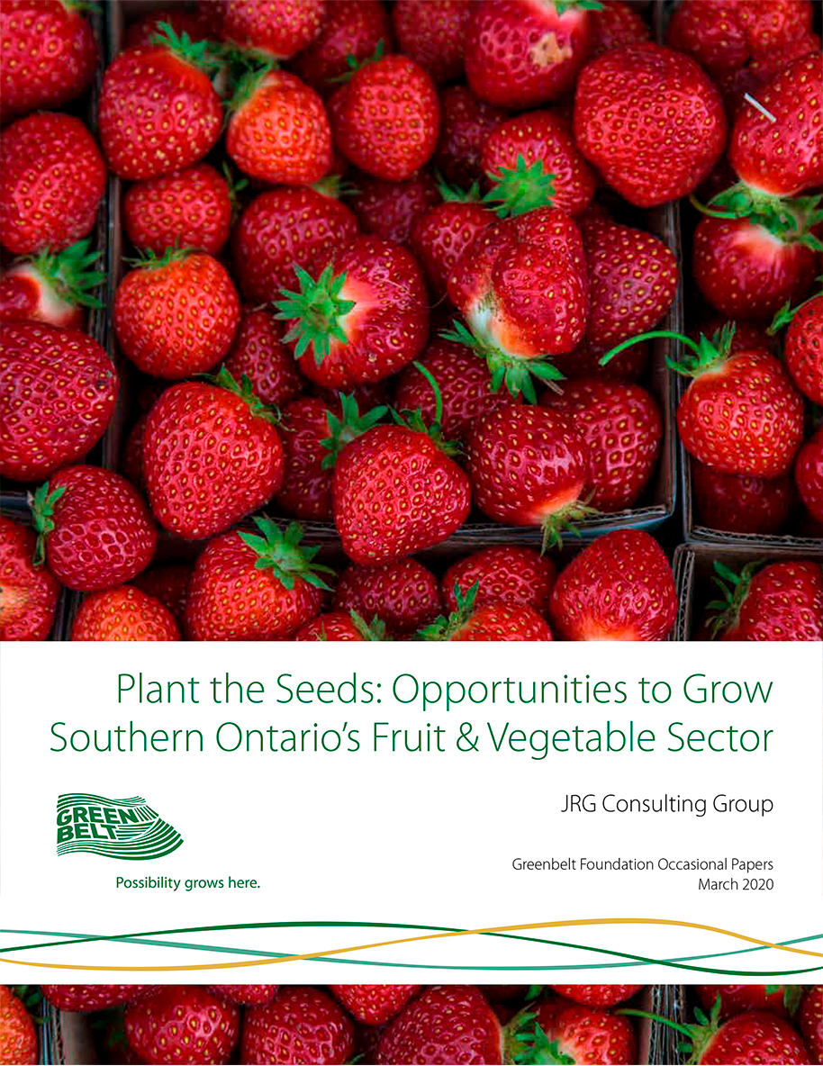 Cover of Plant the Seeds: Opportunities to Grow Southern Ontario’s Fruit & Vegetable Sector report featuring close-up photo of red strawberries in crates.