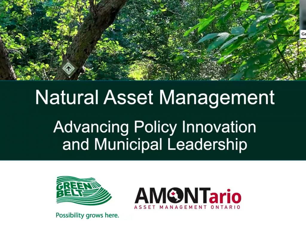 Presentation title slide for Natural Asset Management: Advancing Policy Innovation and Municipal Leadership with a forest in the background.